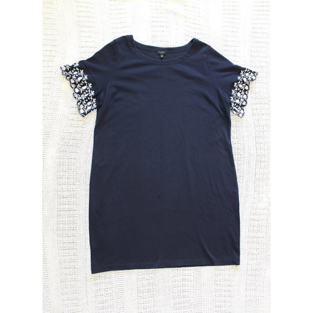 Talbots Navy Blue Embroidered Sleeve Shift Mini Dress Size 2XP Pullover Cotton - Picture 8 of 11